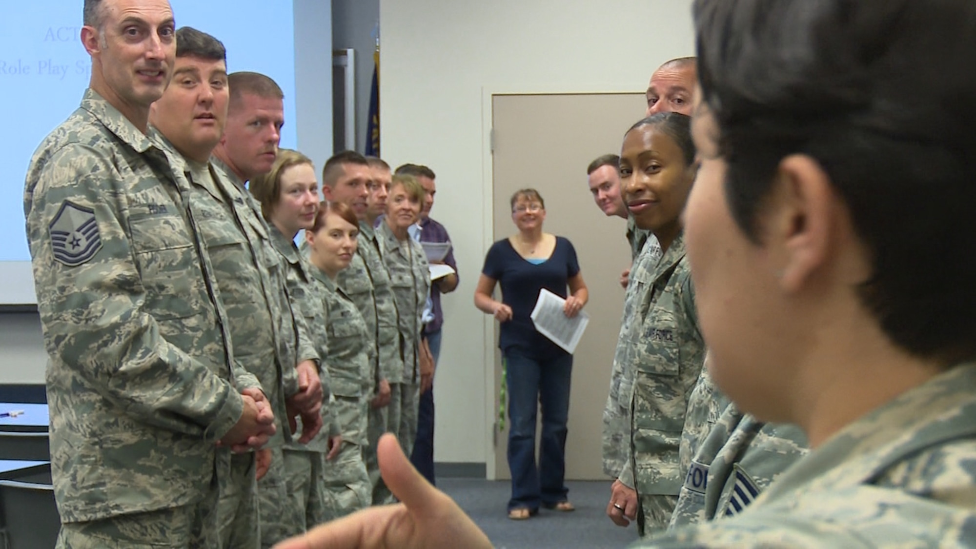 Members of the 142nd Fighter Wing in Portland, Ore., participate in Green Dot training during their drill, June 4, 2016. Green Dot training focuses on intervening to stop interpersonal violence from occurring.  (U.S. Air Force photo by Tech. Sgt. Steven Conklin, 142nd Fighter Wing Public Affairs)