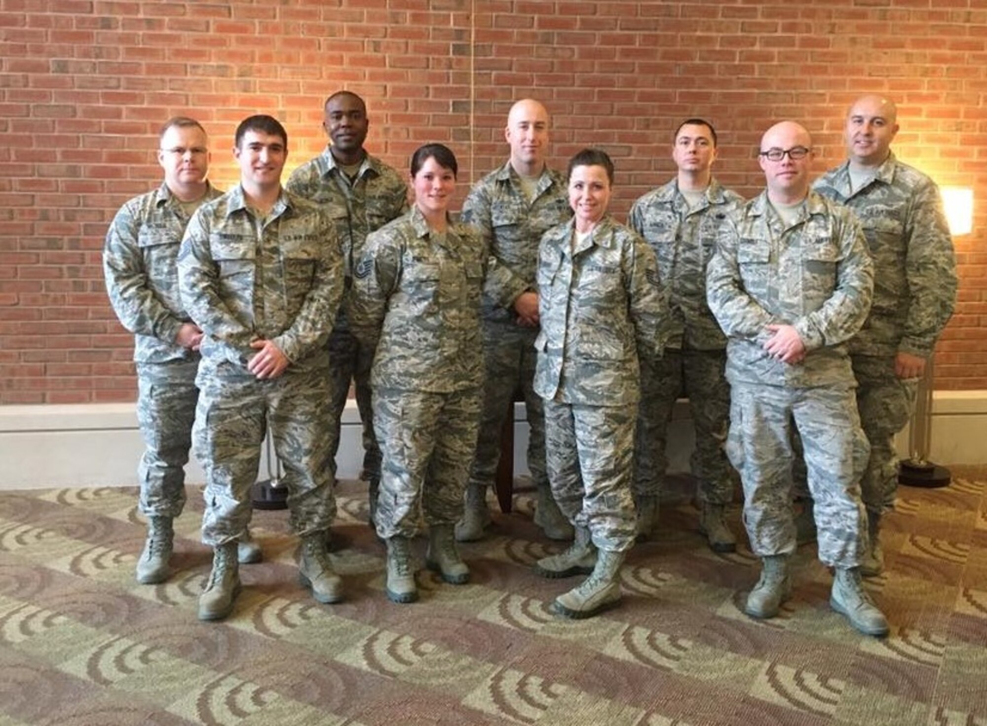 Nine technical sergeants from the New Hampshire Air National Guard recently gathered at the Southbridge Hotel & Conference Center, Southbridge, Mass. for a workshop titled “TIME” (Technical Sergeants Involved and Mentoring Enlisted Airmen) and primarily focused on building strength in enlisted mentorship, leadership, force development and diversity. Top row: Tech Sgts. Grant Nichols 157th Air Refueling Wing,  Henry Burch, 157th Logistics Readiness Squadron, Corey Sheckler, 157th Security Forces Squadron, Kris Mauchly, 157 SFS, and Brike Hall, 157th Communications Flight. Bottom row: Tech Sgts. Christian Swegles, 157th Logistics Readiness Squadron, Jessica Jewett, 157th Medical Group, Angela Stebbins, 157 MDG, and Jimmy Grindle, 157th Maintenance Squadron. (Courtesy photo) 

