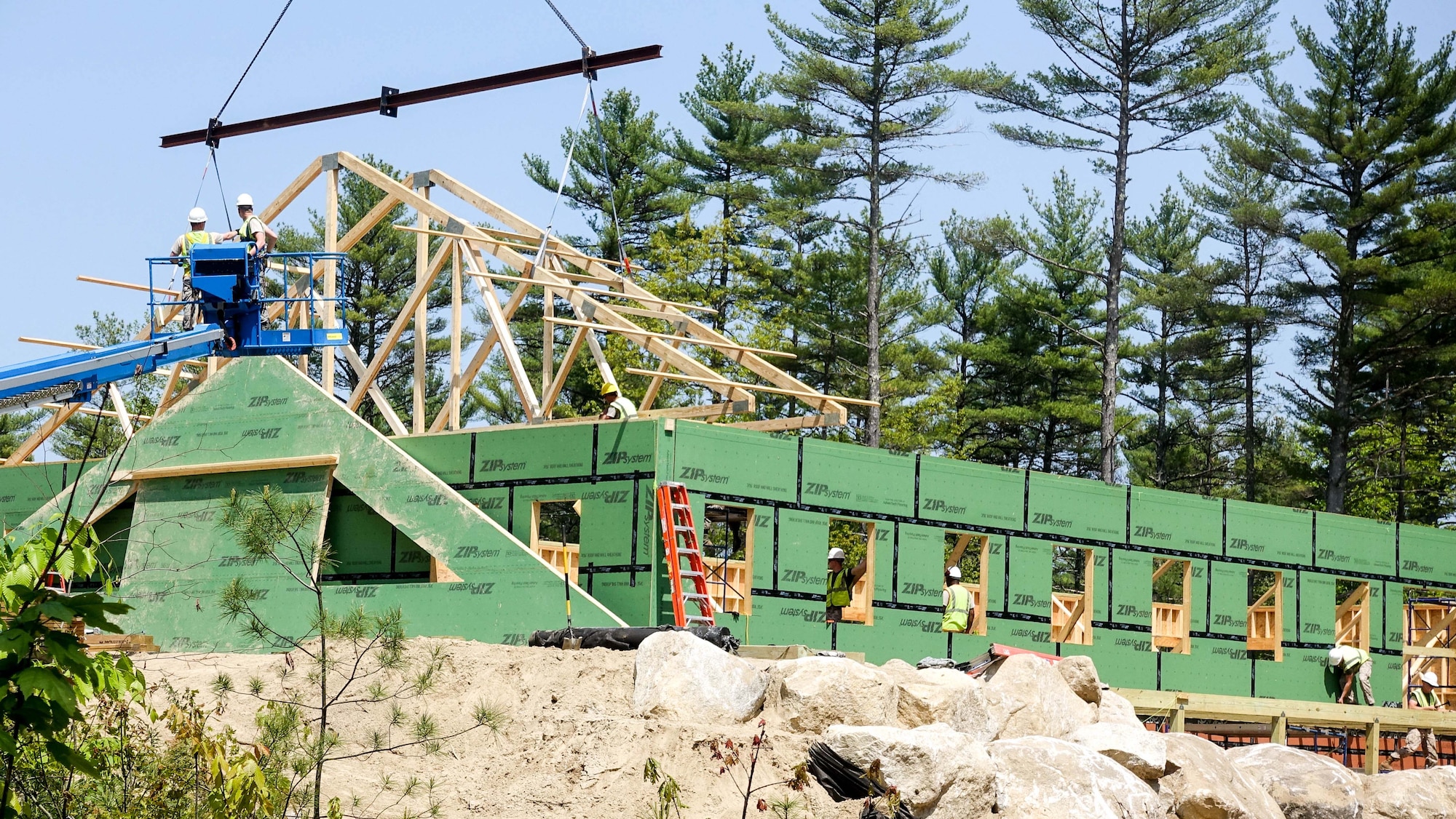 U.S. Airmen with the 139th Civil Engineer Squadron, Missouri Air National Guard, participate in Innovative Readiness Training (IRT), at William Hinds Boy Scout Camp in Raymond, Maine, on May 25, 2016. The IRT is part of a joint operation with the U.S. Marines, Navy, Air National Guard, and Air Force Reserve to help rebuild parts of the camp. (U.S. Air National Guard photo by Master Sgt. Shannon Bond/Released)