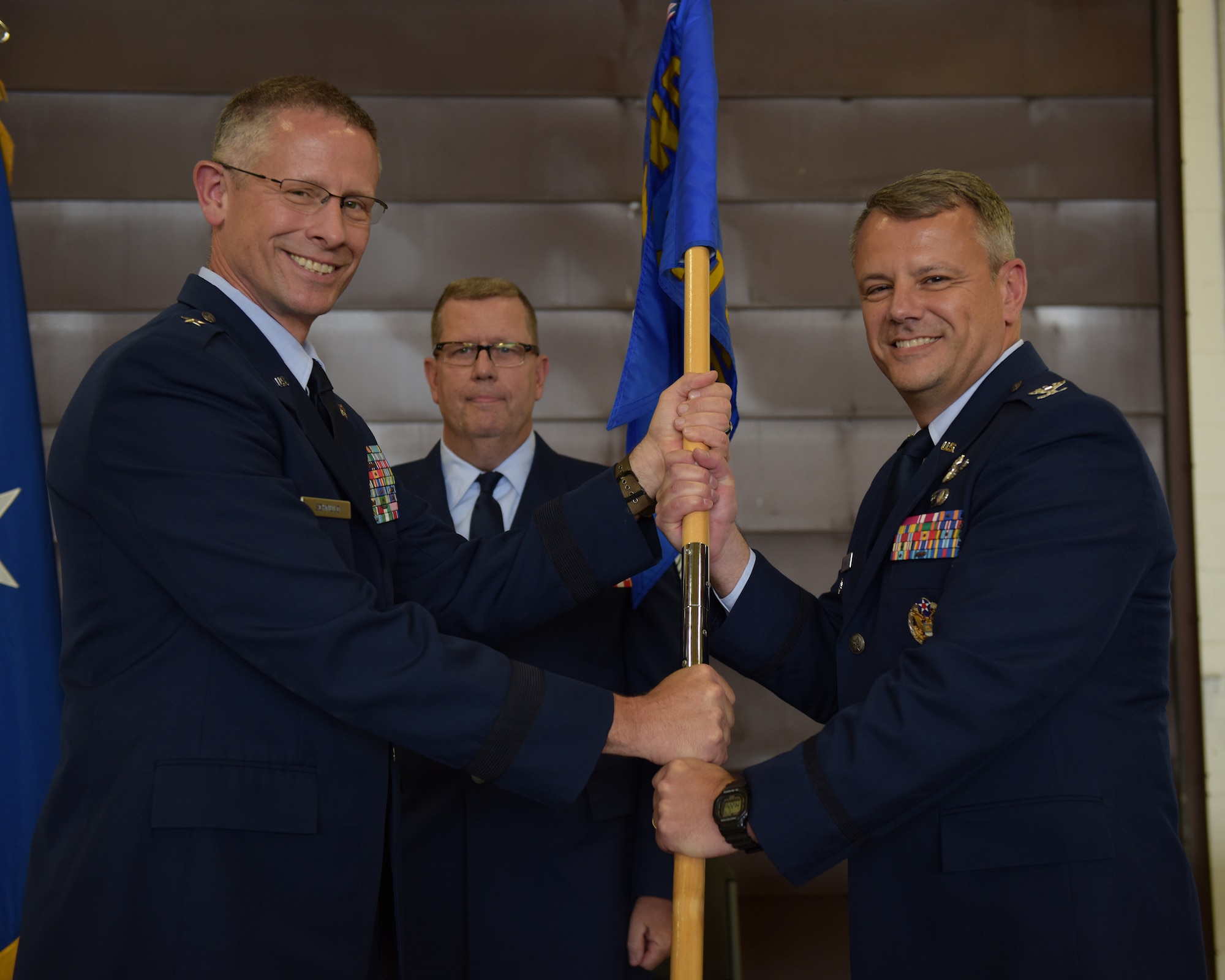 Col. John Knabel, incoming 178th wing commander, introduces himself to the wing during a change of command ceremony at Springfield Air National Guard Base, June 6. Knabel replaced Col. Brian Davis as wing commander during the ceremony. Knabel was the former 178th Wing vice commander.