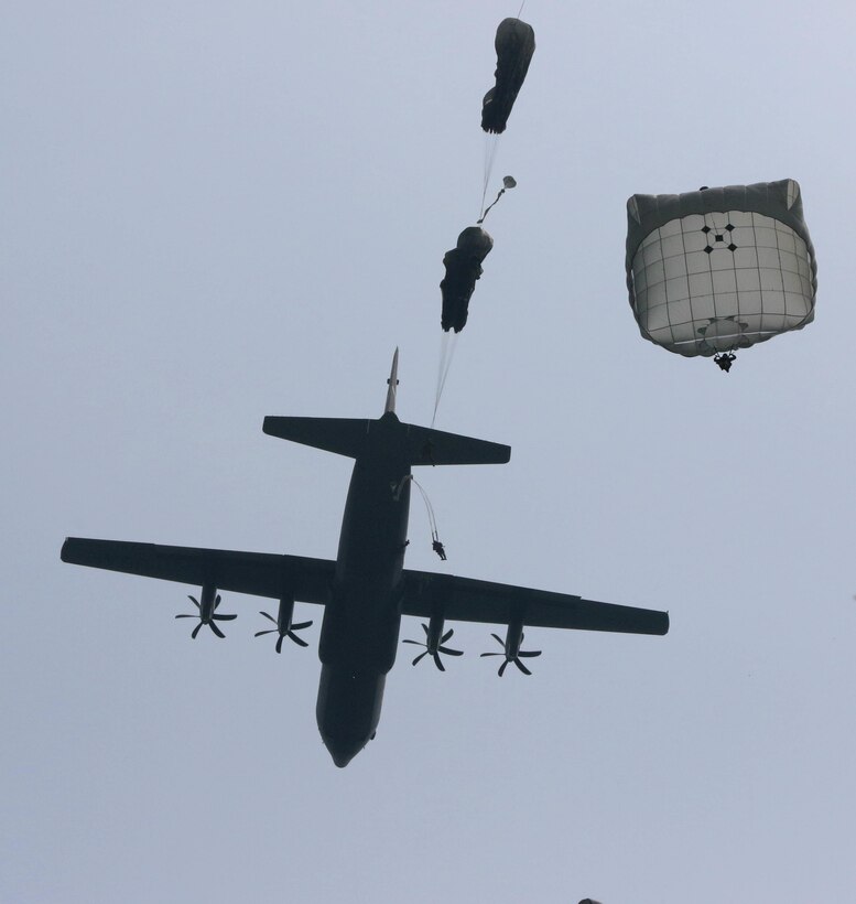 Paratroopers from France, Germany and the U.S. jumped over Sainte Mere Eglise, France, June 5, 2016, to commemorate the 72nd anniversary of D-Day. U.S. Army photo by Capt. Joe Bush