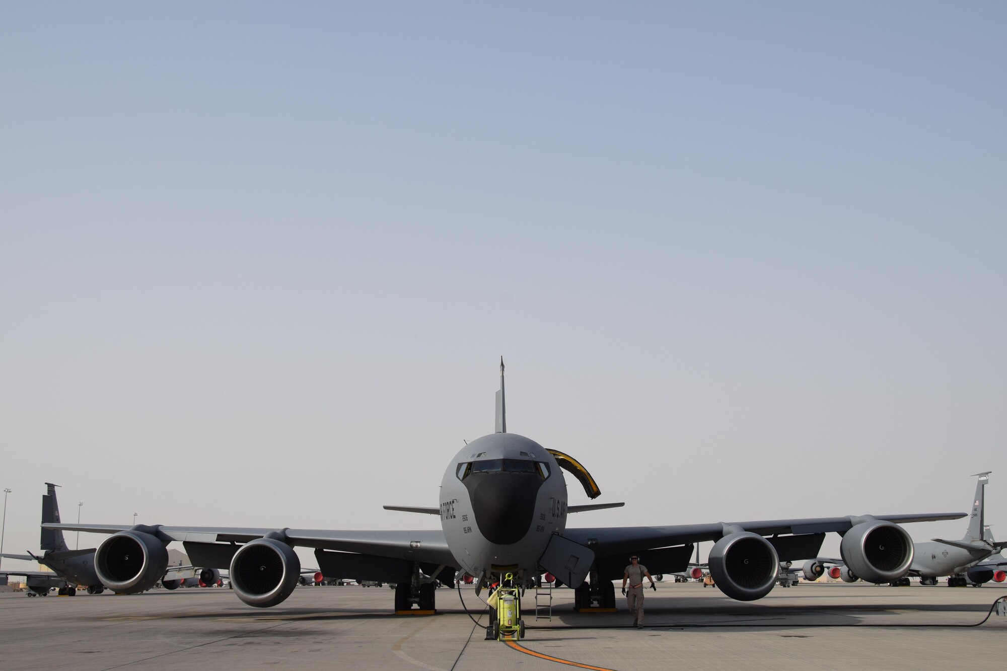 Staff Sgt. Ryan Feeney, 340th Expeditionary Aircraft Maintenance Unit crew chief, prepares a KC-135 Stratotanker for a mission June 1, 2016, at Al Udeid Air Base, Qatar. Airmen from the 340th AMU work together to prepare more than 30 KC-135s for daily in-air refueling missions round the clock. Feeney is attached to the 379th Air Expeditionary Wing and hails from Bangor Air National Guard Base, Maine. (U.S. Air Force photo by Technical Sgt. Carlos J. Trevino/Released)