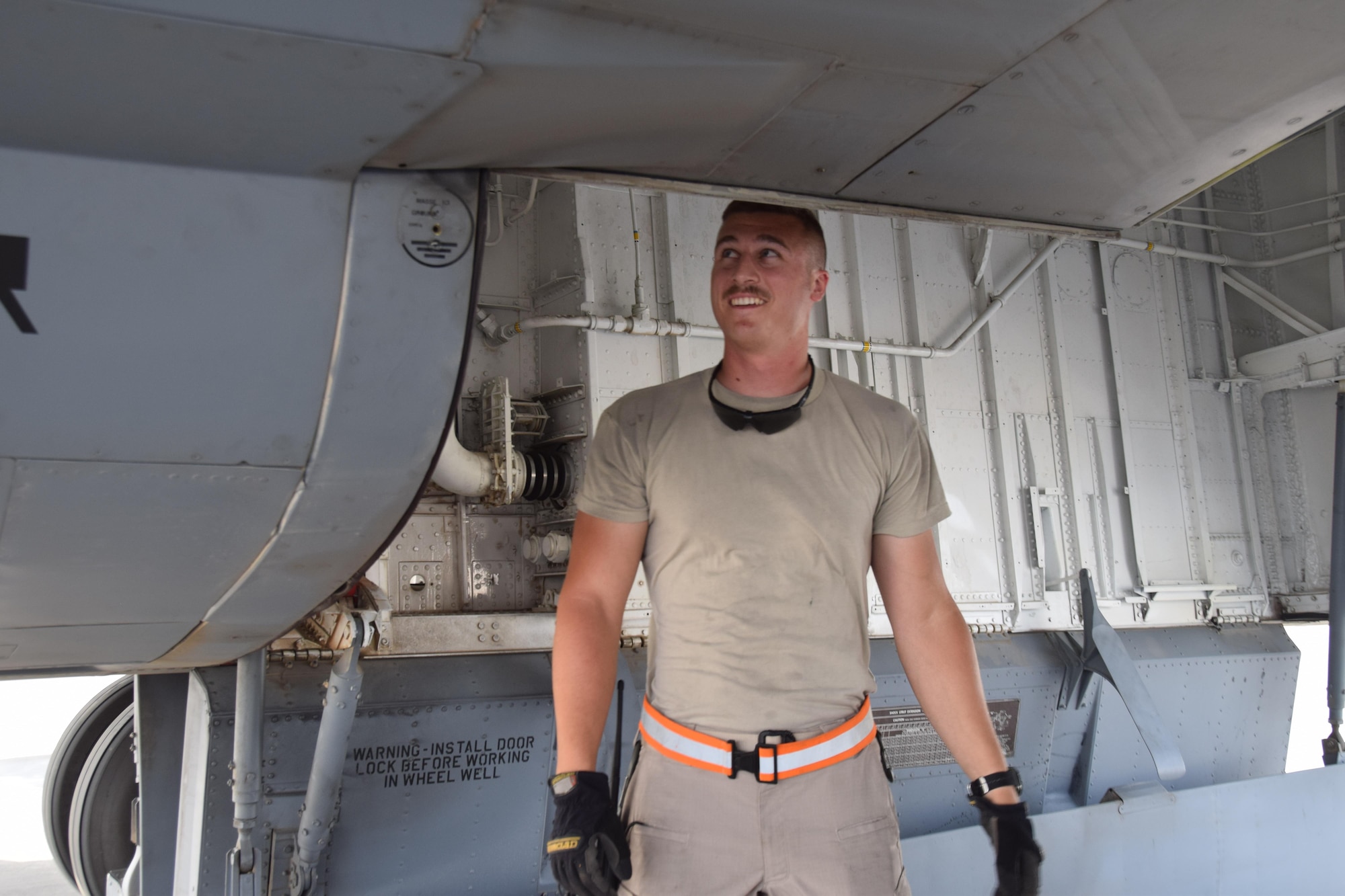 Staff Sgt. Ryan Feeney, 340th Expeditionary Aircraft Maintenance Unit crew chief, inspects the hydraulic system on a KC-135 Stratotanker June 1, 2016, at Al Udeid Air Base, Qatar. The hydraulic system on the KC-135 encompasses almost every system, to include landing gear, hydraulic steering, aircraft brakes and flight control. Feeney is attached to the 379th Air Expeditionary Wing and hails from Bangor Air National Guard Base, Maine. (U.S. Air Force photo by Technical Sgt. Carlos J. Trevino/Released)