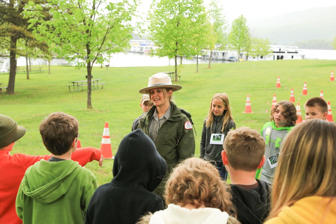 Park Ranger Alicia Palmer, Baltimore District, speaks to fourth-grade students from Southern Huntingdon School District during their visit to Raystown Lake in part of the White House's Every Kid in a Park youth initiative, May 10-11, 2016.  

The lesson is only one portion of a new water education program, 'Raystown Lake: Protecting your Future, One Drop at a Time!', that aims to provide students an understanding of the value of water resources in their community, as well as general knowledge regarding the U.S. Army Corps of Engineers’ mission in providing water-based needs to the Raystown Lake area and surrounding communities.

Raystown Lake was one of 186 federal sites selected to receive a 2015 field trip grant from the National Park Foundation (NPF), the official charity of America’s national parks. The grant, part of NPF’s Open OutDoors for Kids Program, supports the White House’s Every Kid in a Park youth initiative, which provides  fourth-grade children and their families a pass granting free access to national parks, forests, and wildlife refuges. 