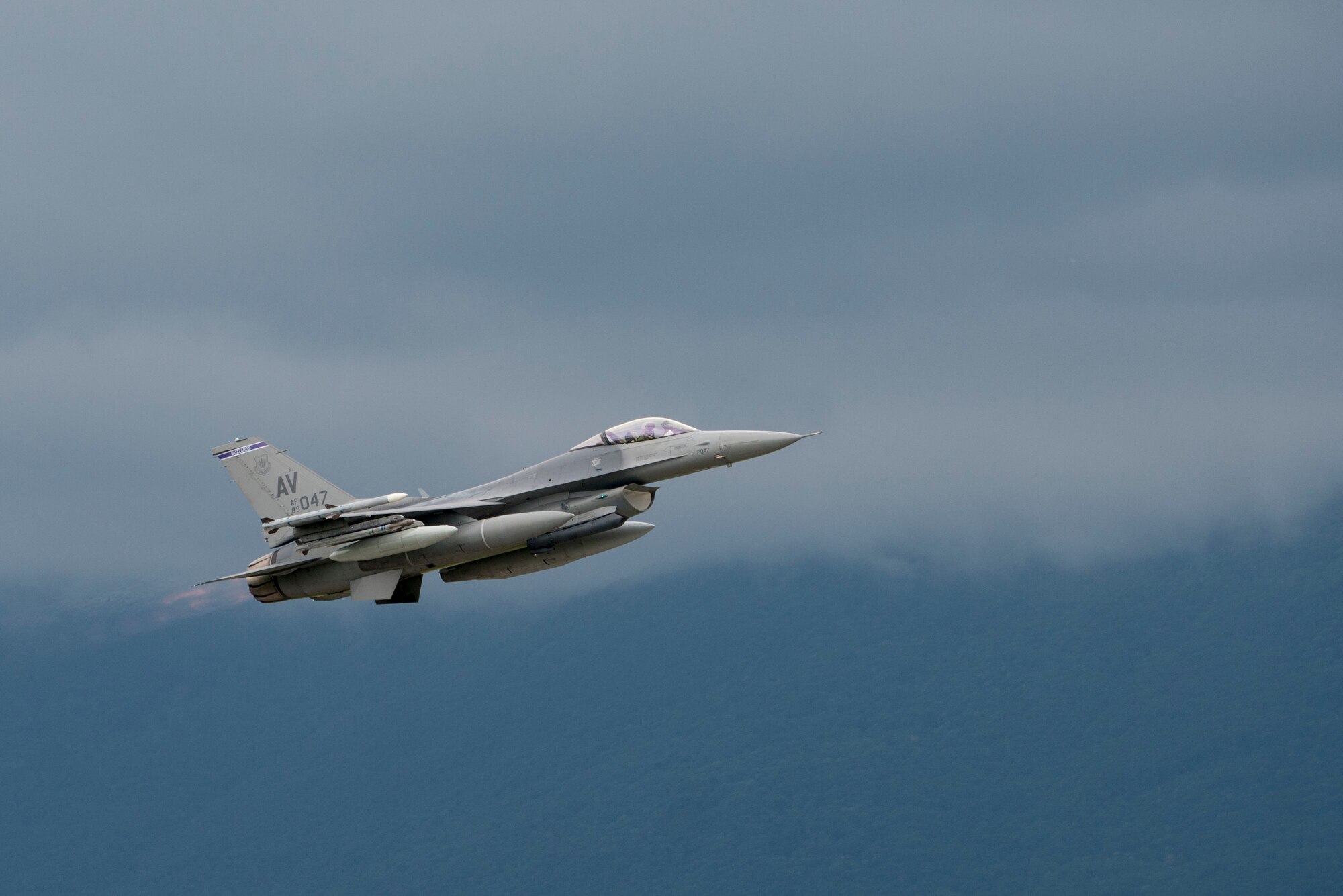 A 510th Fighter Squadron F-16 Fighting Falcon departs Aviano Air Base, Italy, for Lask, Poland, to participate in Aviation Detachment 16-3 in support of Operation Atlantic Resolve, June 1, 2016. U.S. Air Force Airmen from the 31st Fighter Wing will join with U.S. Air National Guardsmen from the 138th Fighter Wing and 239th Combat Communications Squadron to participate in the bilateral training with the Polish air force and NATO and allied nations. (U.S. Air Force photo by Senior Airman Krystal Ardrey/Released)