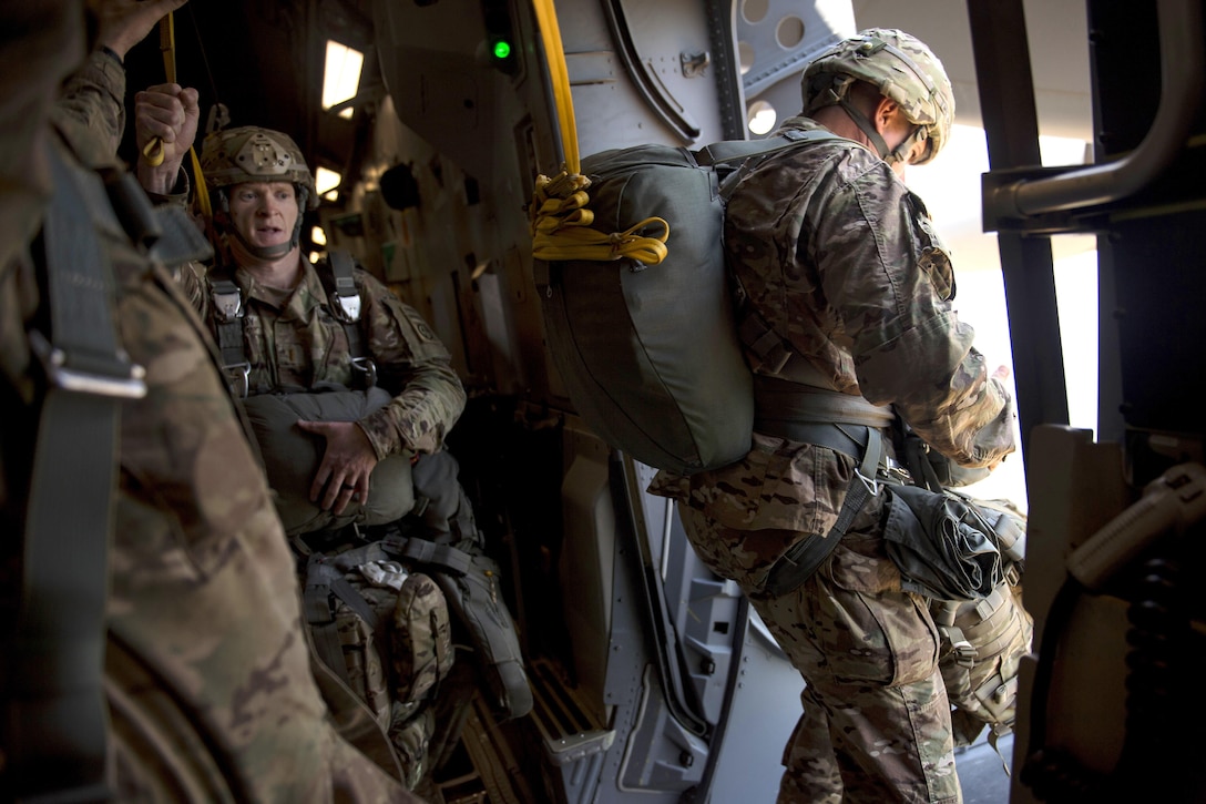 Paratroopers participate in a static line airdrop from an Air Force C-17 Globemaster III during exercise Crescent Reach 16 over a drop zone at Fort Bragg, N.C., May 26, 2016. Air Force photo by Tech. Sgt. Jason Robertson