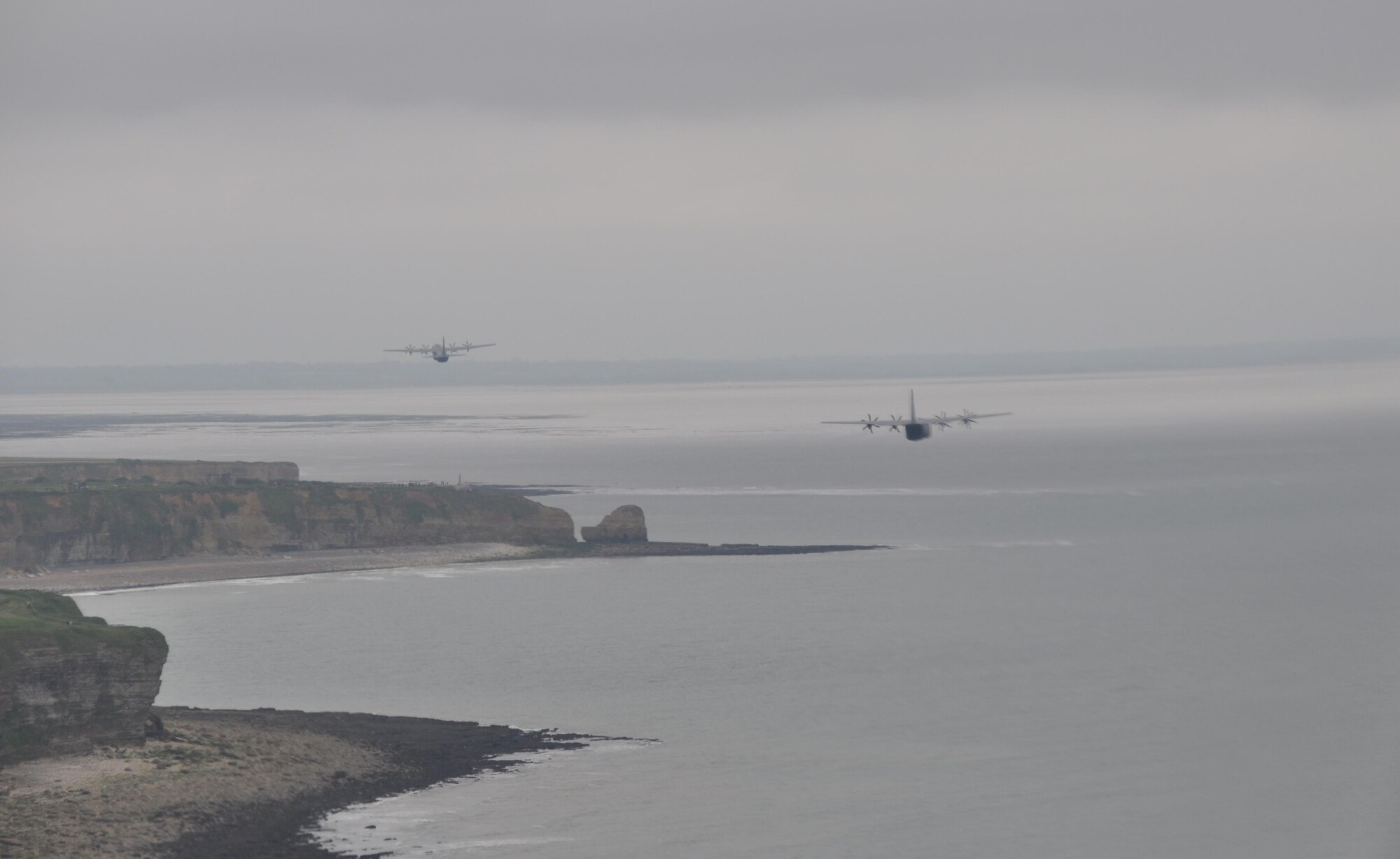 A U.S. Air Force Reserve 815th Airlift Squadron C-130J completes fly-overs of historical sites in France for the D-Day commemoration, June 3, 2016.  More than 380 service members from Europe and affiliated D-Day historical units are participating in the 72nd anniversary as a part of Joint Task Force D-Day 72.  The Task Force,  based in Sainte-Mère-Église, France, is supporting local events across Normandy, from May 30 - 6 June, 2016 to commemorate the selfless actions by all of the allies on D-Day that continue to resonate 72 years later.  (U.S. Air Force photo by Master Sgt. Jessica L. Kendziorek)
