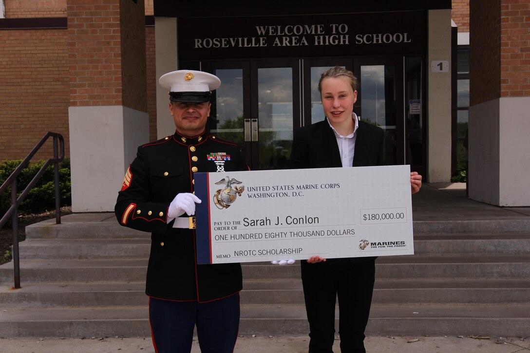 Sarah Conlon has been awarded a 4-year Naval ROTC scholarship to the University of Nebraska valued at up to $180,000 covering all tuition and fees, textbooks and an additional monthly stipend.  She was chosen by a board of Military Officers as one of the 48 selectees from a pool of more than 650 qualified applicants a crossed the upper Midwest for the scholarship.  During her next four years at Nebraska, Sarah will train to become an officer in the United States Marine Corps while earning a bachelor’s degree.  Upon graduation, she will be commissioned as a 2nd Lieutenant in the Marine Corps and serve her country for at least four years.