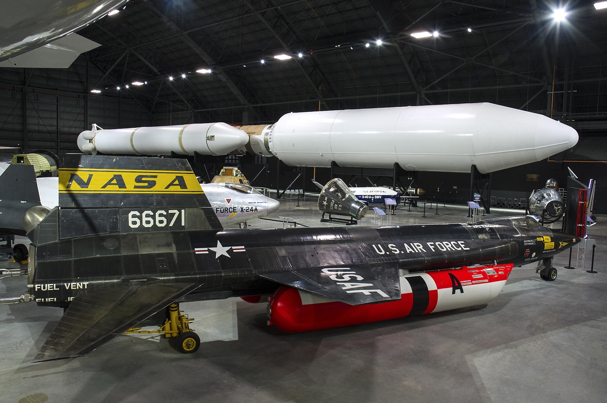 DAYTON, Ohio - The North American X-15A-2(front) and the Lockheed Martin Titan IVB Rocket(rear) on display in the Space Gallery at the National Museum of the U.S. Air Force. (U.S. Air Force photo by Ken LaRock)


 