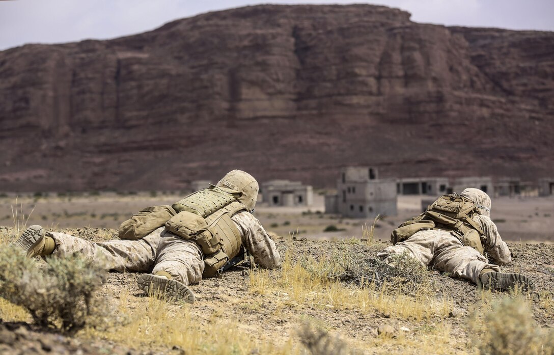 Marines with 1st Battalion, 2nd Marine Regiment, 2nd Marine Division prepare to launch an attack during the Eager Lion 16 final exercise in Al Quweyrah, Jordan, May 24, 2016. Eager Lion is a recurring exercise between partner nations designed to strengthen military-to-military relationships, increase interoperability, and enhance regional security and stability. (U.S. Marine Corps photo by Cpl. Paul S. Martinez/Released)