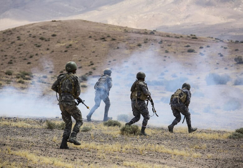 Members of the Jordanian 77th Marines Battalion advance down range during the Eager Lion 16 final exercise in Al Quweyrah, Jordan, May 24, 2016. Eager Lion is a recurring exercise between partner nations designed to strengthen military-to-military relationships, increase interoperability, and enhance regional security and stability. (U.S. Marine Corps photo by Cpl. Paul S. Martinez/Released)