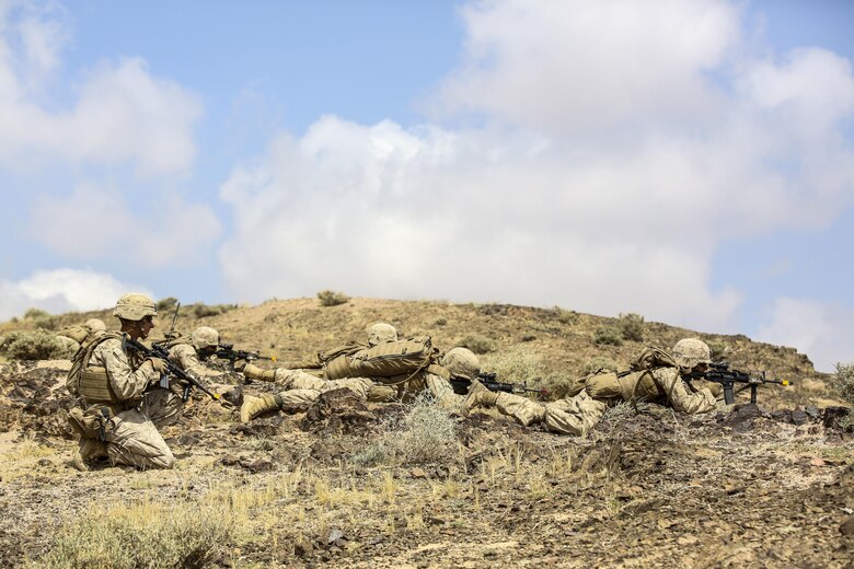 Marines with 1st Battalion, 2nd Marine Regiment, 2nd Marine Division prepare to launch an attack during the Eager Lion 16 final exercise in Al Quweyrah, Jordan, May 24, 2016. Eager Lion is a recurring exercise between partner nations designed to strengthen military-to-military relationships, increase interoperability, and enhance regional security and stability. (U.S. Marine Corps photo by Cpl. Paul S. Martinez/Released)