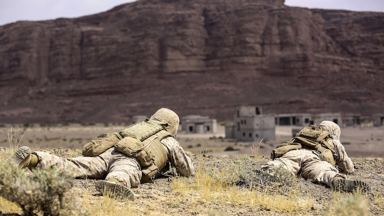 Marines with 1st Battalion, 2nd Marine Regiment, 2nd Marine Division prepare to launch an attack during the Eager Lion 16 final exercise in Al Quweyrah, Jordan, May 24, 2016. Eager Lion is a recurring exercise between partner nations designed to strengthen military-to-military relationships, increase interoperability, and enhance regional security and stability. 