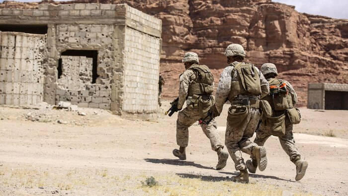 Marines with 1st Battalion, 2nd Marine Regiment, 2nd Marine Division advance down range during the Eager Lion 16 final exercise in Al Quweyrah, Jordan, May 24, 2016. Eager Lion is a recurring exercise between partner nations designed to strengthen military-to-military relationships, increase interoperability, and enhance regional security and stability. 