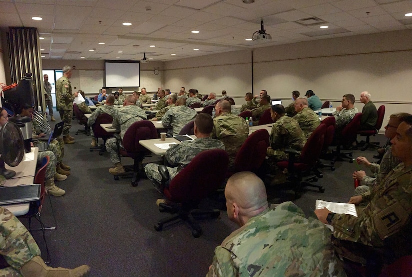 Army Reserve Col. Robert Cooley, Deputy Commanding Officer, 85th Support Command, conducts an out-brief following a fiscal year 2017 mobilization conference, June 4, 2016.
(U.S. Army photo by Sgt.1st Class Anthony Taylor/Released)