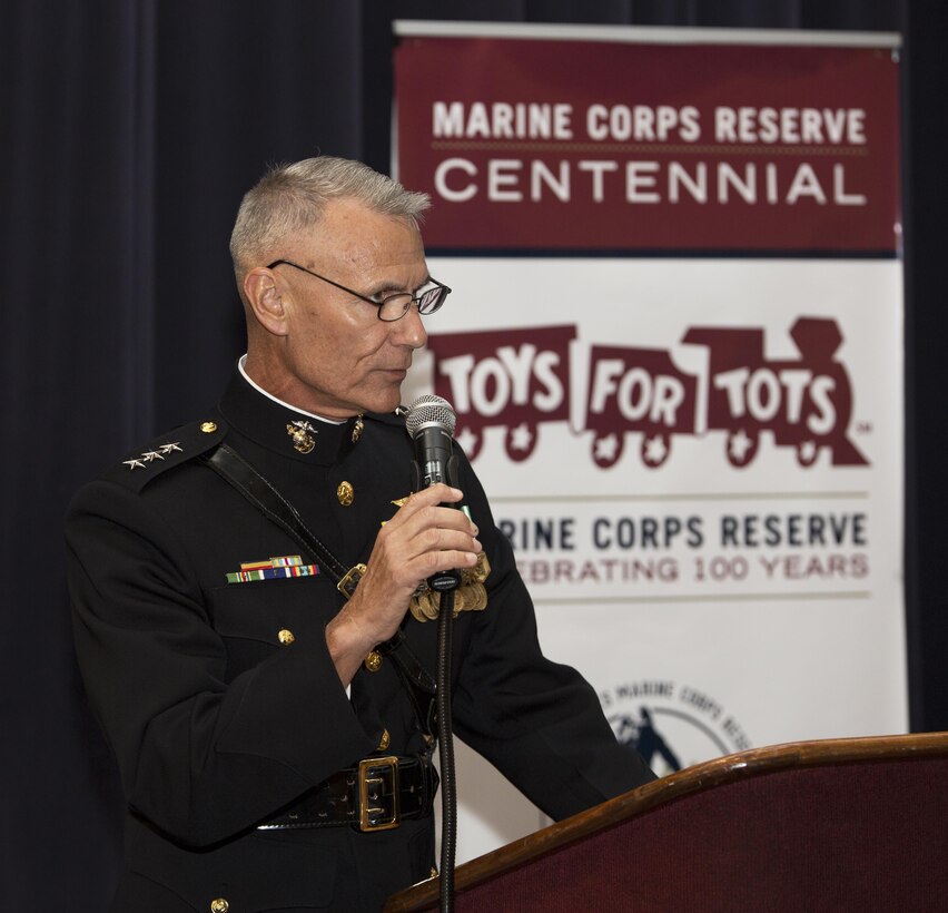 Commander, Marine Forces Reserve, Lt. Gen Rex C. McMillian, addresses attendees of a reception in Truman-Crawford Hall prior to an Evening Parade at Marine Barracks, Washington, D.C., (“8th & I”), June 3, 2016.