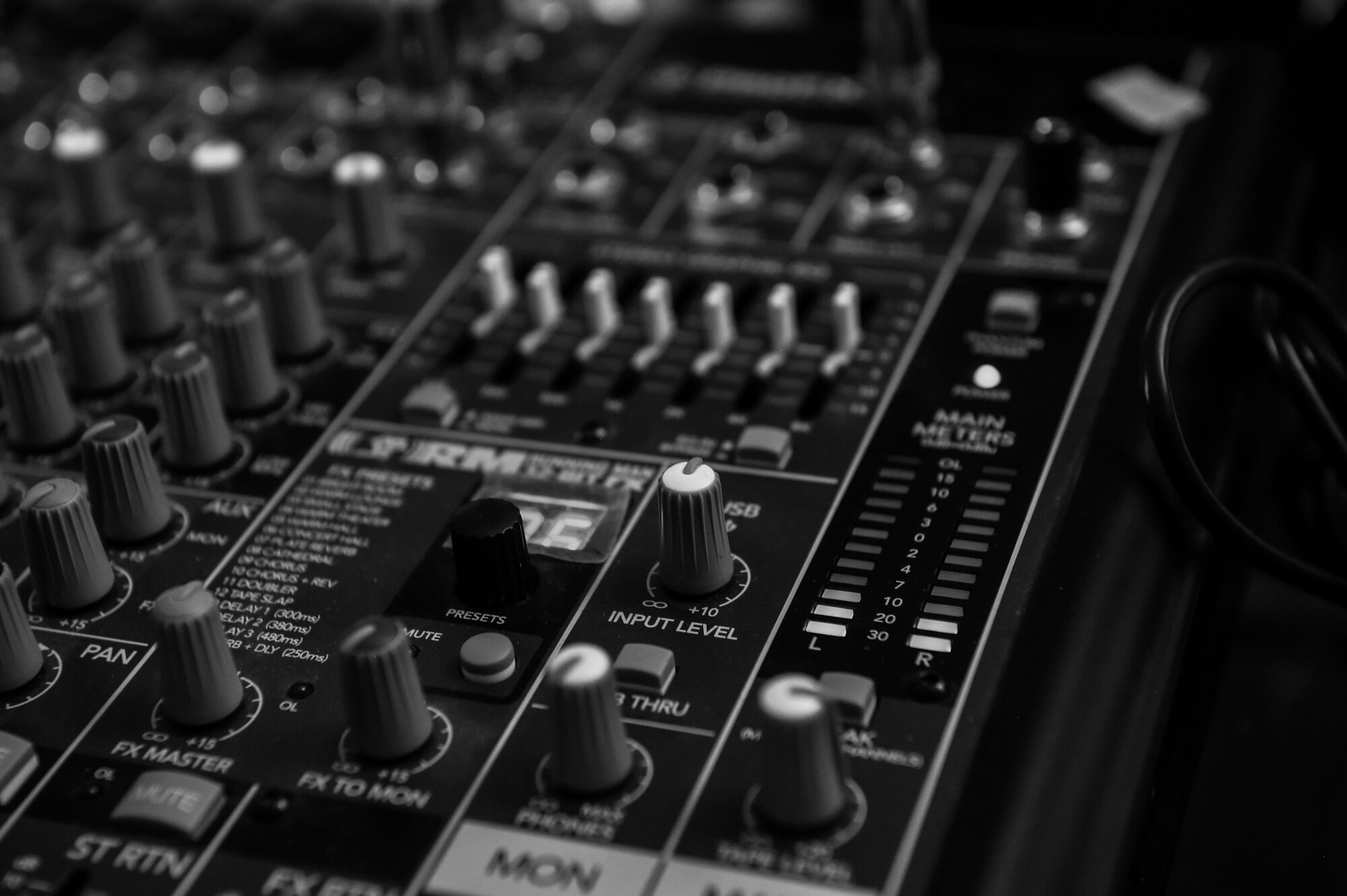 A sound board sits in a rehearsal room as Airmen assigned to the 432nd Wing/432nd Air Expeditionary Wing practice during their free time June 2, 2016 in Las Vegas.  The five man group of two guitarists, a drummer, a saxophonist and a vocalist often play at military ceremonies at Creech Air Force Base, Nevada. (U.S. Air Force photo by Senior Airman Adarius Petty)