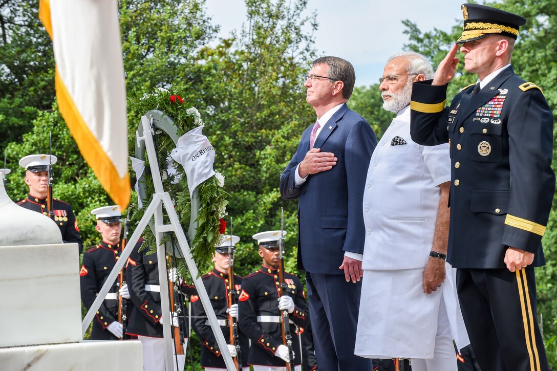 Defense Secretary Ash Carter, left, participates in a wreath-laying ceremony with Indian Prime Minister Narendra Modi at Arlington National Cemetery, Va., June 6, 2016. DoD photo by Army Sgt. First Class Clydell Kinchen
