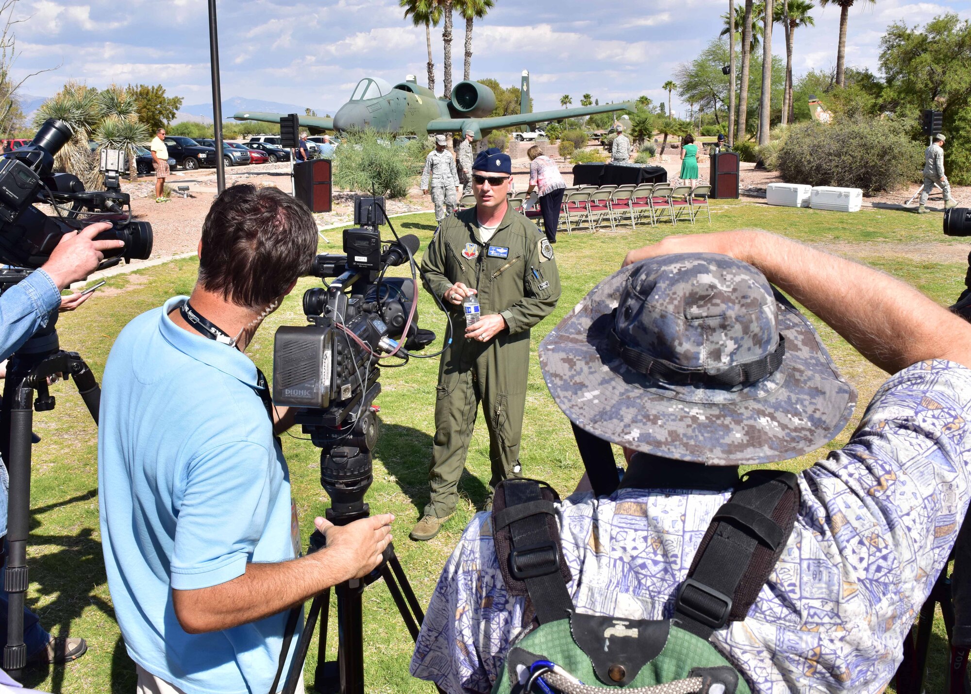 Lt. Col. Brett Waring, 47 Fighter Squadron Hawgsmoke project lead, answers questions for the media June 1 before the Fallen Hawg remembrance ceremony at Davis Monthan Air Force Base, Ariz. (U.S. Air Force photo by Tech. Sgt. Louis Vega Jr.)