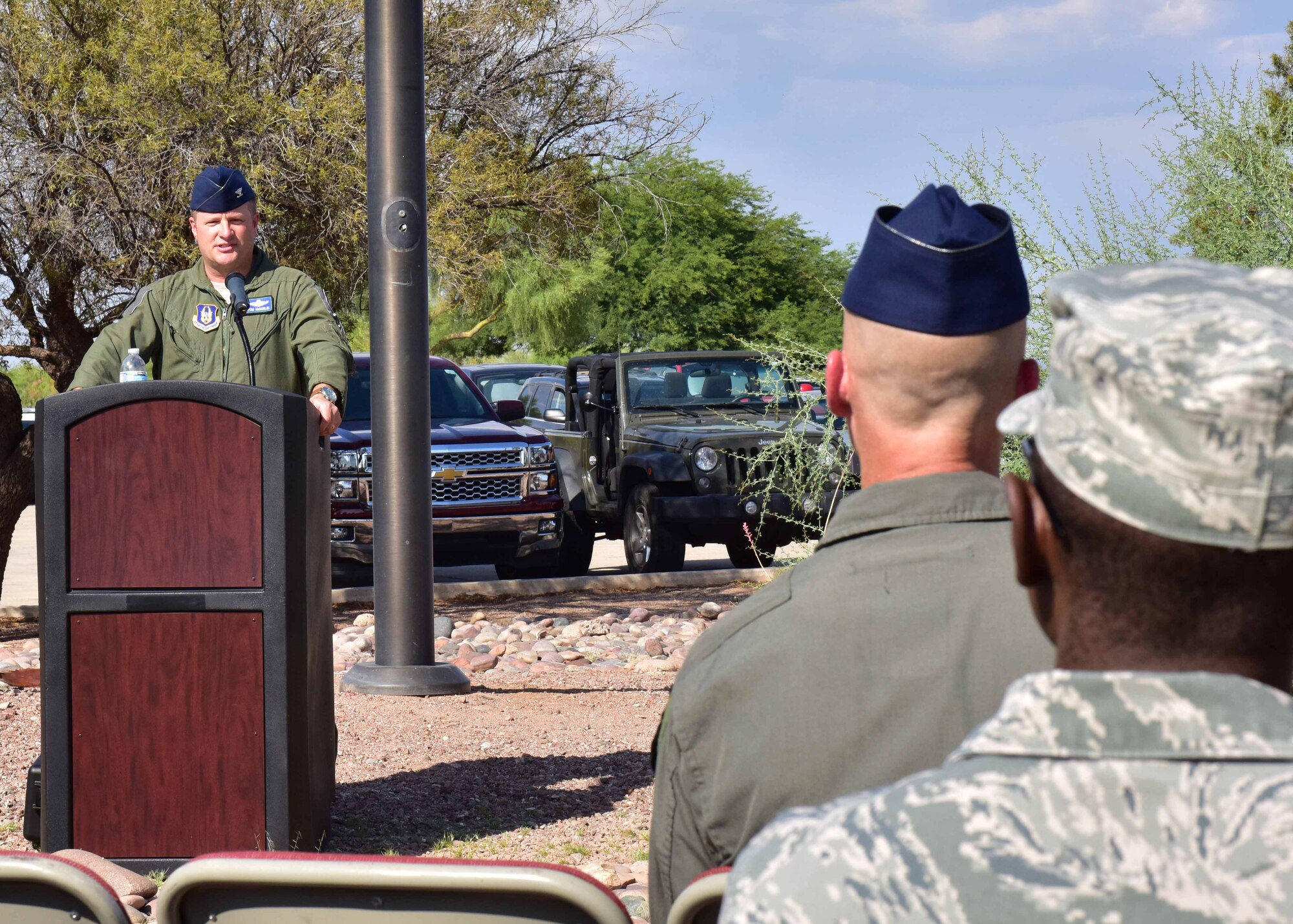 Col. Thomas McNurlin, 924th Fighter Group commander, speaks during the Fallen Hawg remembrance ceremony June 1 at Davis Monthan Air Force Base, Ariz. (U.S. Air Force photo by Tech. Sgt. Louis Vega Jr.)