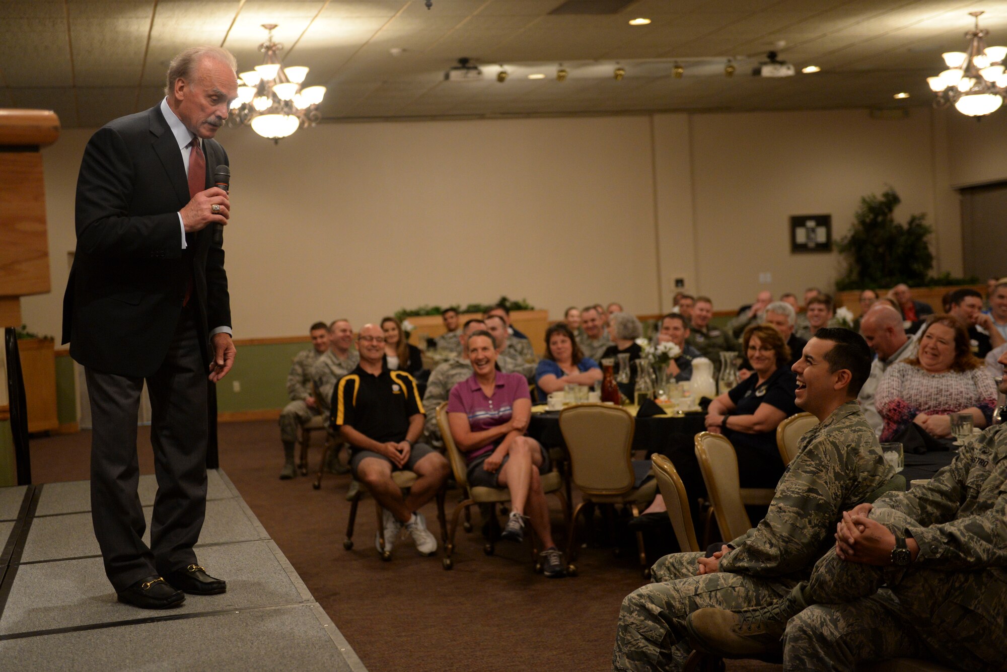Robert “Rocky” Bleier, a Vietnam veteran and former Pittsburg Steelers football player, visited Minot Air Force Base, N.D., May 26, 2016. Bleier shared stories with Airmen and civilians about his experiences on the battlefields of Vietnam and the football fields of America. (U.S. Air Force photo/Airman 1st Class Jessica Weissman)