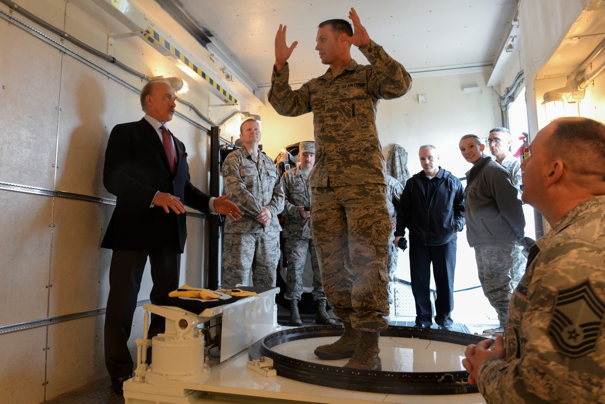 Robert “Rocky” Bleier, a Vietnam veteran and former Pittsburg Steelers football player, visited with Airmen from the 791st Missile Maintenance Squadron at Minot Air Force Base, N.D., May 26, 2016. Bleier learned about how transportation and maintenance is necessary for 791st MXS Airmen to remain safe. (U.S. Air Force photo/Airman 1st Class Jessica Weissman)
