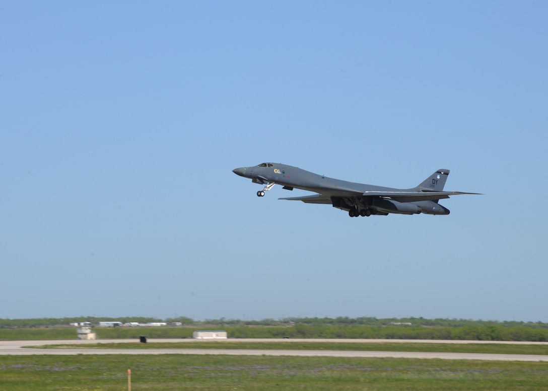 A B-1B Lancer takes off from the flightline April 11, 2016, at Dyess Air Force base. With their precise installation and inspections of the ejection seats, the Airmen of the 7th Component Maintenance Squadron egress shop ensure both mission success and aircrew’s safety. (U.S. Air Force photo by Airman 1st Class Rebecca Van Syoc/Released)
