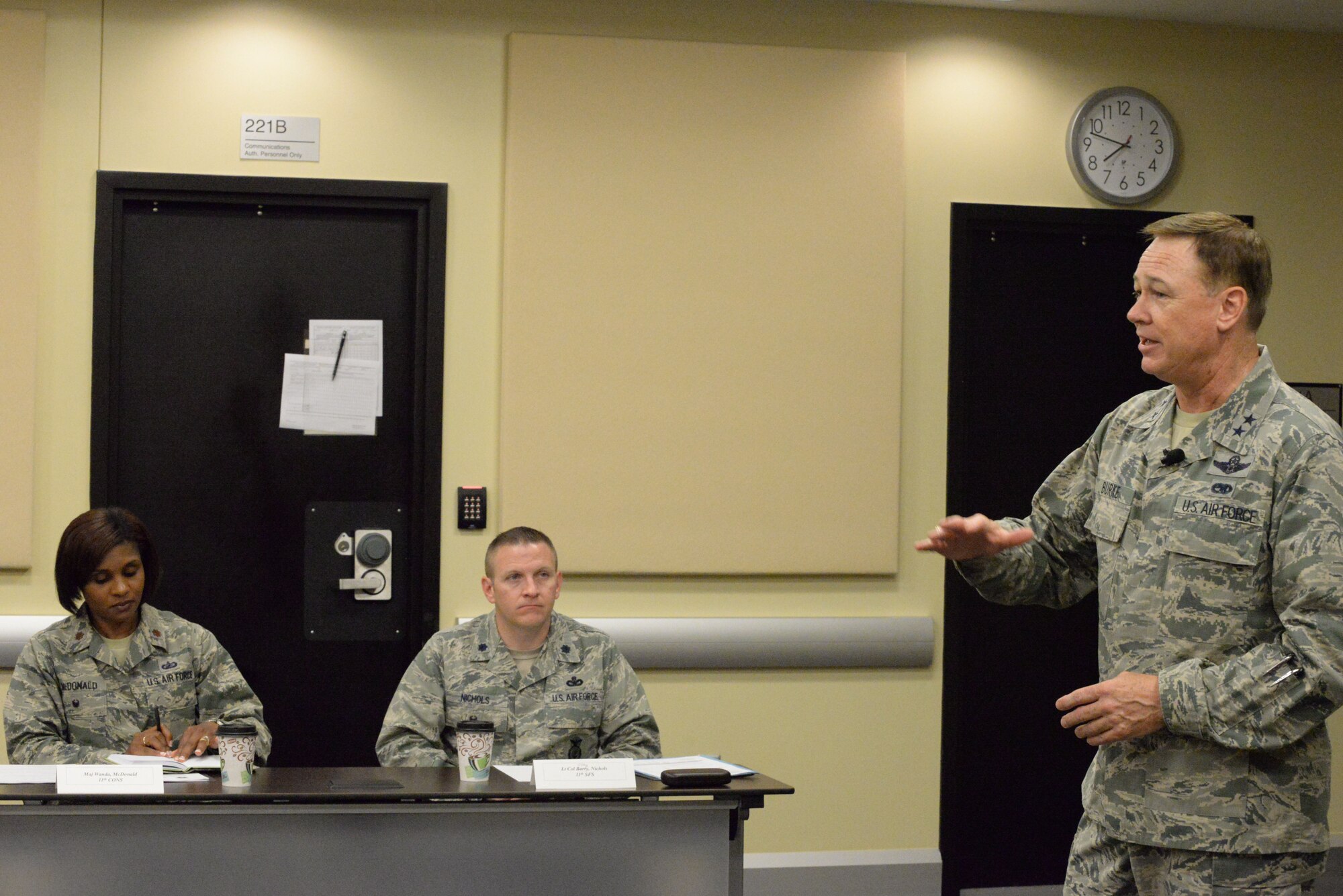 Air Force District of Washington Commander Maj. Gen. Darryl Burke gives opening remarks during the 2016 AFDW Commander’s Course at Joint Base Andrews, Md., June 6, 2016.  The four-day event provides opportunities for incoming commanders to familiarize themselves with the unique issues of commanding a unit in the National Capital Region.