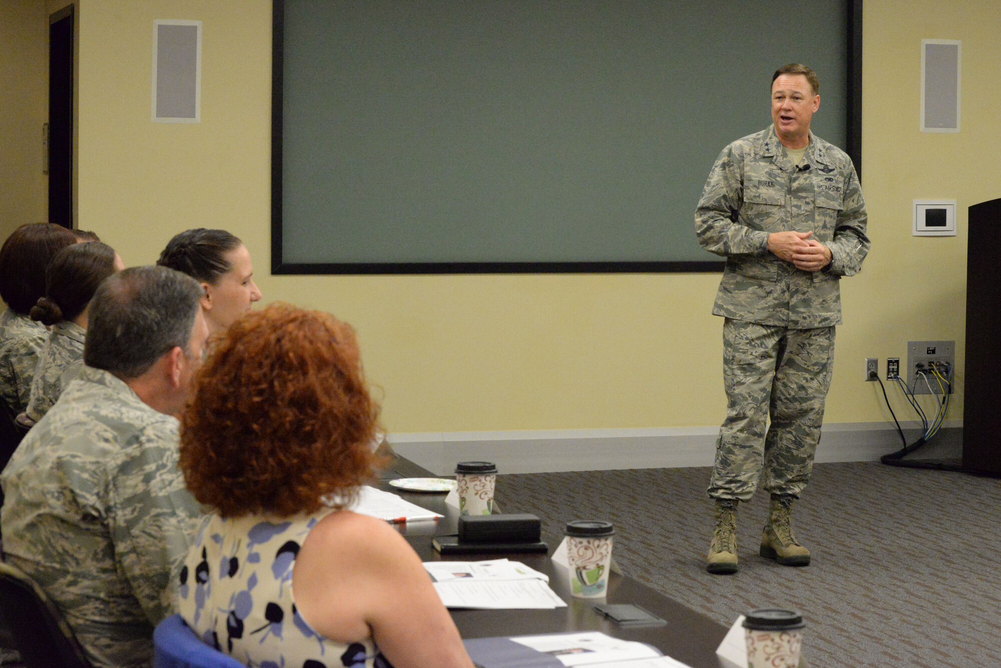 Air Force District of Washington Commander Maj. Gen. Darryl Burke gives opening remarks during the 2016 AFDW Commander’s Course at Joint Base Andrews, Md., June 6, 2016. Officers and their spouses will attend during a four-day course designed to equip them for the unique issues of commanding an organization in the National Capital Region. (U.S. Air Force photo/ Courtesy)