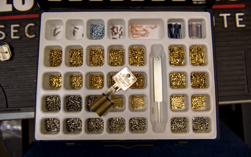 Lock pegs sit in John Puckett’s organizing tray inside the locksmith workshop at Joint Base Andrews, Md., June 1, 2016. Puckett, 11th Civil Engineer Squadron master locksmith, is in charge of all locks on base. (U.S. Air Force photo by Airman 1st Class Philip Bryant)