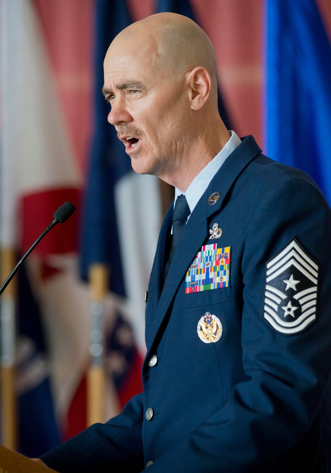 Chief Master Sergeant Ronald C. Anderson, the 12th command chief master sergeant for the Air National Guard, addresses the audience during his welcome ceremony June 2, 2016, at Joint Base Andrews, Md. (U.S. Air National Guard photo by Master Sgt. Marvin R. Preston/Released)