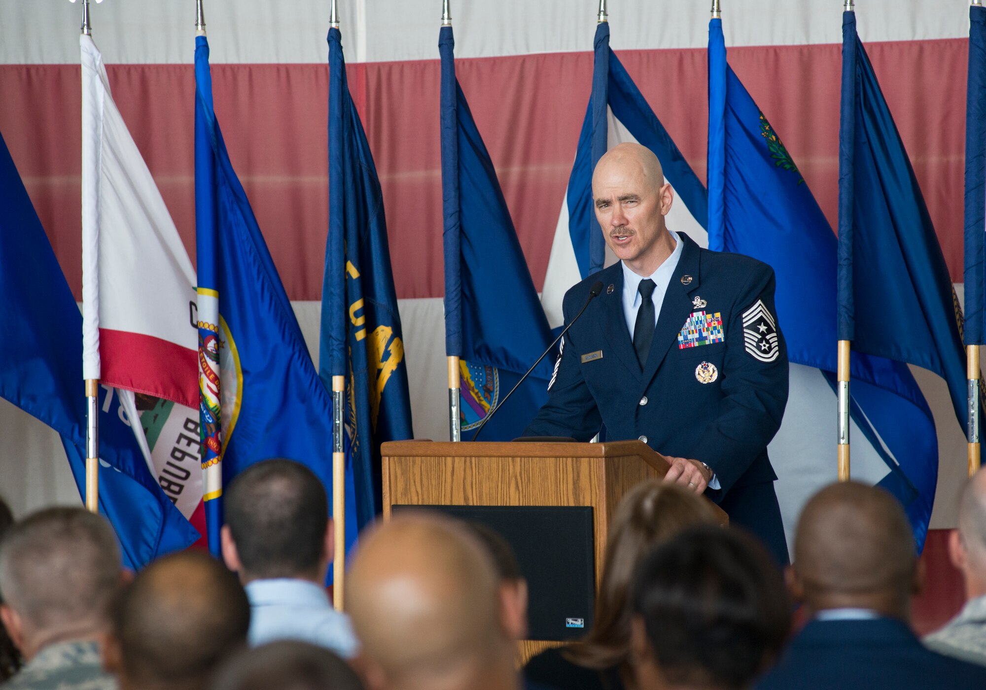 Chief Master Sgt. Ronald C. Anderson, the 12th command chief master sergeant for the Air National Guard, addresses the audience during his welcome ceremony June 2, 2016, at Joint Base Andrews, Md. (U.S. Air National Guard photo by Staff Sgt. John E. Hillier/Released)