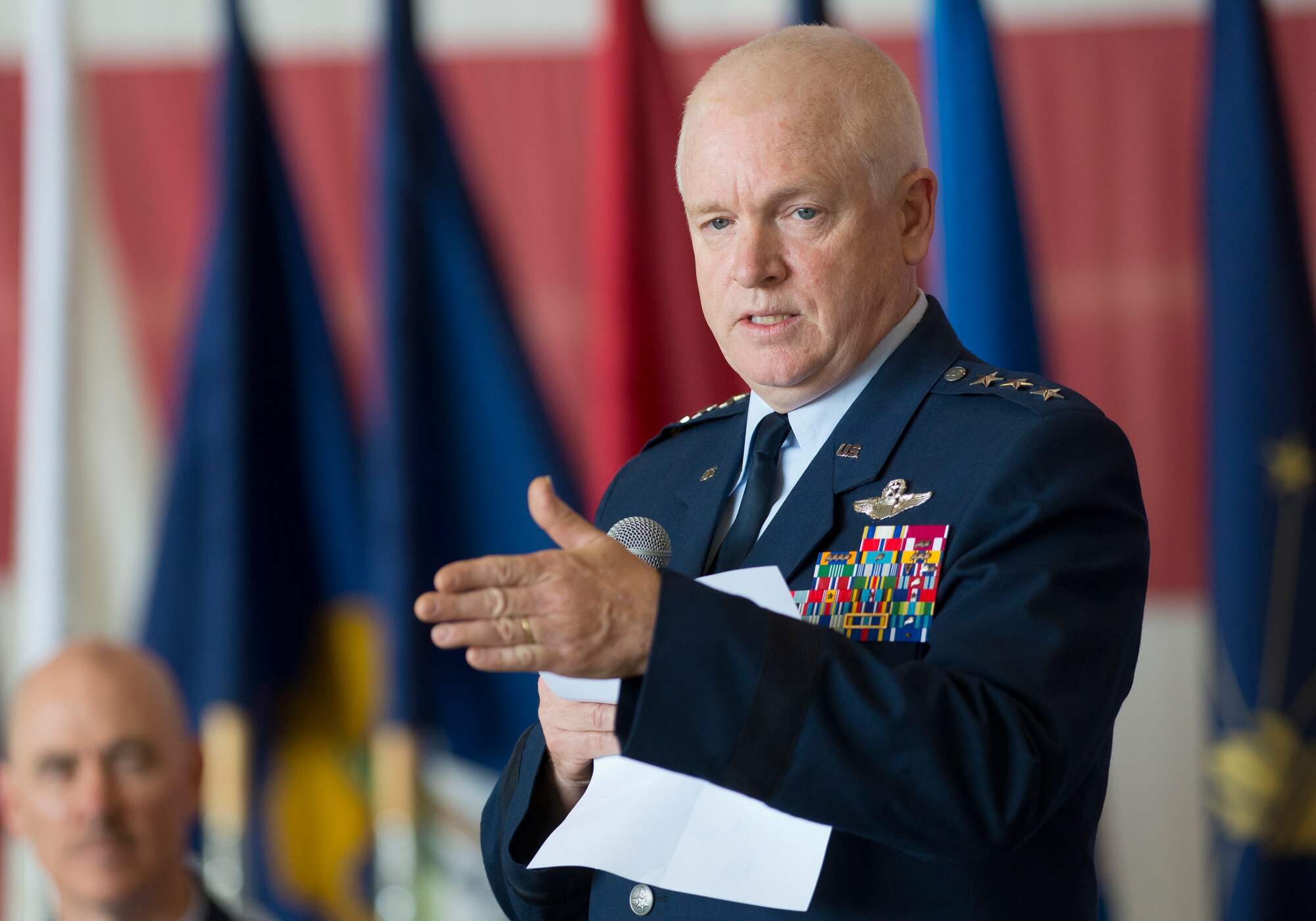 Lt. Gen. L. Scott Rice, director of the Air National Guard, gives remarks during a welcome ceremony June 2, 2016, at Joint Base Andrews, Md. During the ceremony, Chief Master Sergeant Ronald C. Anderson, was introduced as the 12th command chief master sergeant for the ANG. (U.S. Air National Guard photo by Master Sgt. Marvin R. Preston/Released)