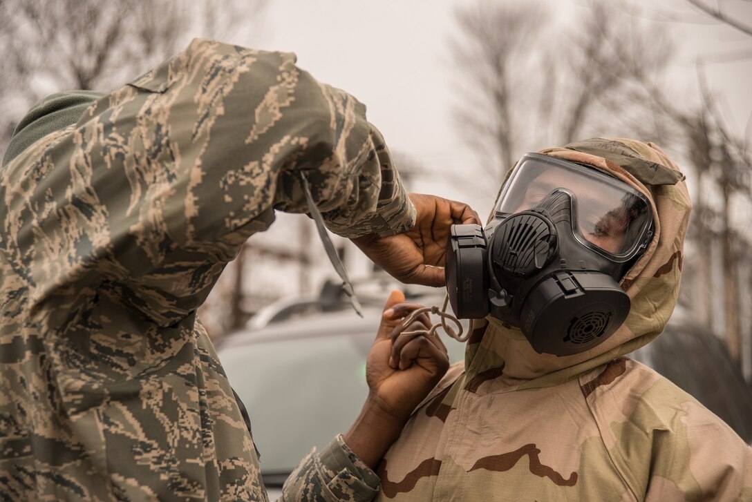 Members of the Vermont Air National Guard 158th Civil Engineer Squadron conduct hazardous material management training during an exercise at the Burlington International Airport, South Burlington, Vt., March 4, 2016. This exercise allows Airmen to familiarize themselves with equipment and procedures used in hazardous material management. (U.S. Air National Guard photo by Airman 1st Class Jeffrey Tatro)