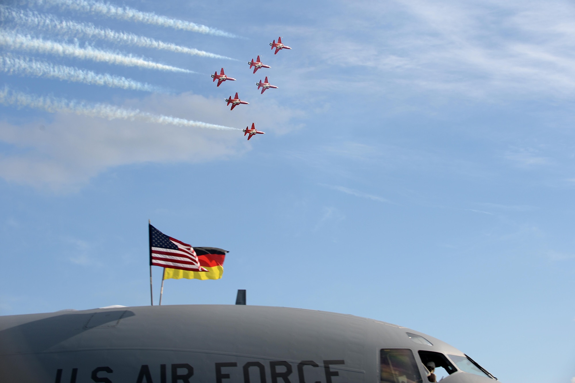 The  Patrouille Suisse, Swiss air force aerobatic team, perform at the Berlin Air and Trade Show, Berlin, June 3, 2016. Held every two years, the Berlin air show demonstrates a strong military presence and promotes U.S. ties with NATO and European partners. (U.S. Air Force photo/Staff Sgt. Emerson Nuñez)