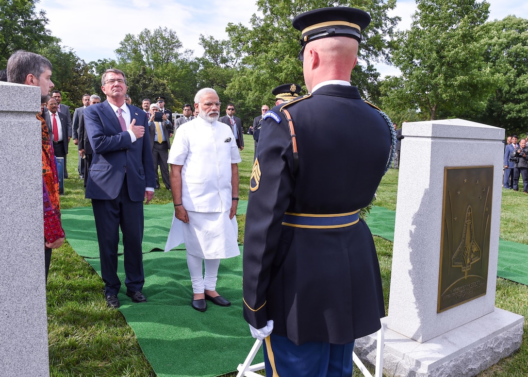 Defense Secretary Ash Carter renders honors during a wreath-laying ceremony with Indian Prime Minister Narendra Modi at the Space Shuttle Columbia Memorial at Arlington National Cemetery, Va., June 6, 2016. DoD photo by Army Sgt. 1st Class Clydell Kinchen