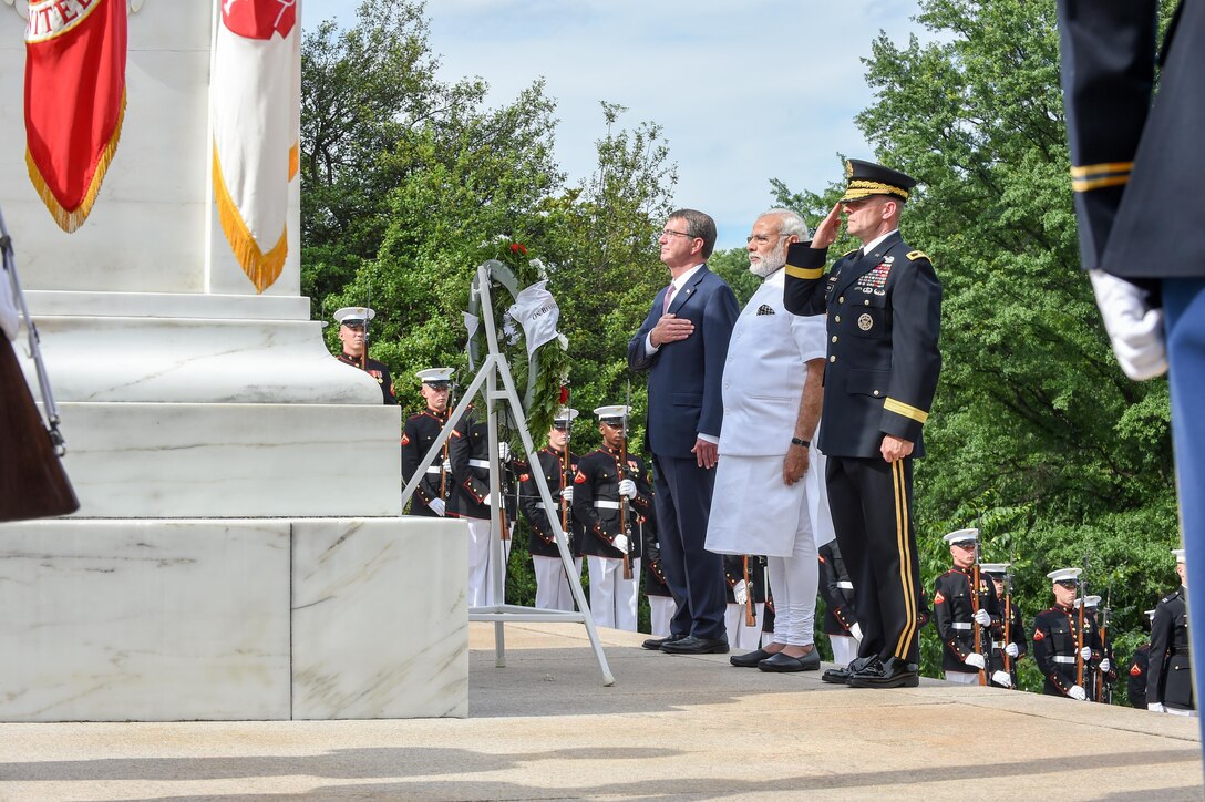 Defense Secretary Ash Carter, left, Indian Prime Minister Narendra Modi and Army Maj. Gen. Bradley A. Becker render honors during a wreath-laying ceremony at the Tomb of the Unknown Soldier at Arlington National Cemetery, Va., June 6, 2016. DoD photo by Army Sgt. 1st Class Clydell Kinchen
