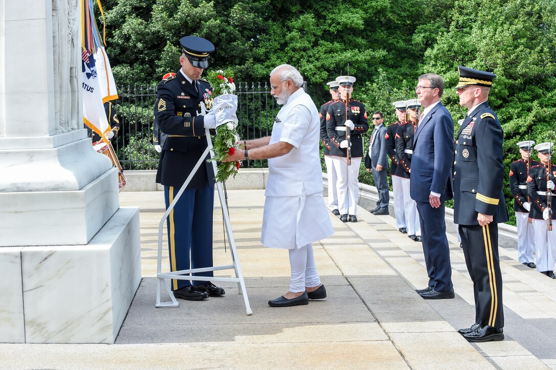 Indian Prime Minister Narendra Modi places a wreath at the Tomb of the Unknown Soldier at Arlington National Cemetery, Va., June 6, 2016. DoD photo by Army Sgt. 1st Class Clydell Kinchen