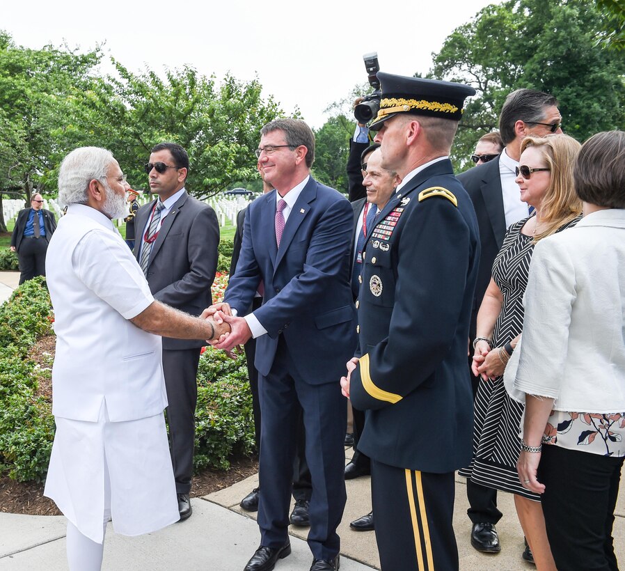 Defense Secretary Ash Carter shakes hands with Indian Prime Minister Narendra Modi after a wreath-laying ceremony at Arlington National Cemetery, Va., June 6, 2016. DoD photo by Army Sgt. 1st Class Clydell Kinchen