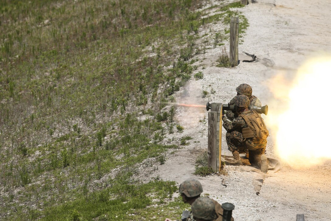 A Marine with Bravo Company, 2nd Law Enforcement Battalion sends a round down range from an AT-4 rocket launcher during a live-fire range at Marine Corps Base, Camp Lejeune, N.C. June 3, 2016. The unit took to the firing line to broaden their mission capabilities and prepare for real world scenarios. 