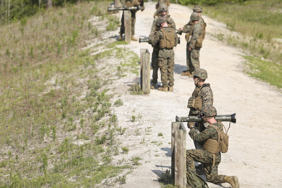 Marines with Bravo Company, 2nd Law Enforcement Battalion prepare to fire tracer rounds from AT-4 rocket launchers at Marine Corps Base, Camp Lejeune, N.C. June 3, 2016. The unit took to the firing line to broaden their mission capabilities and prepare for real world scenarios. 