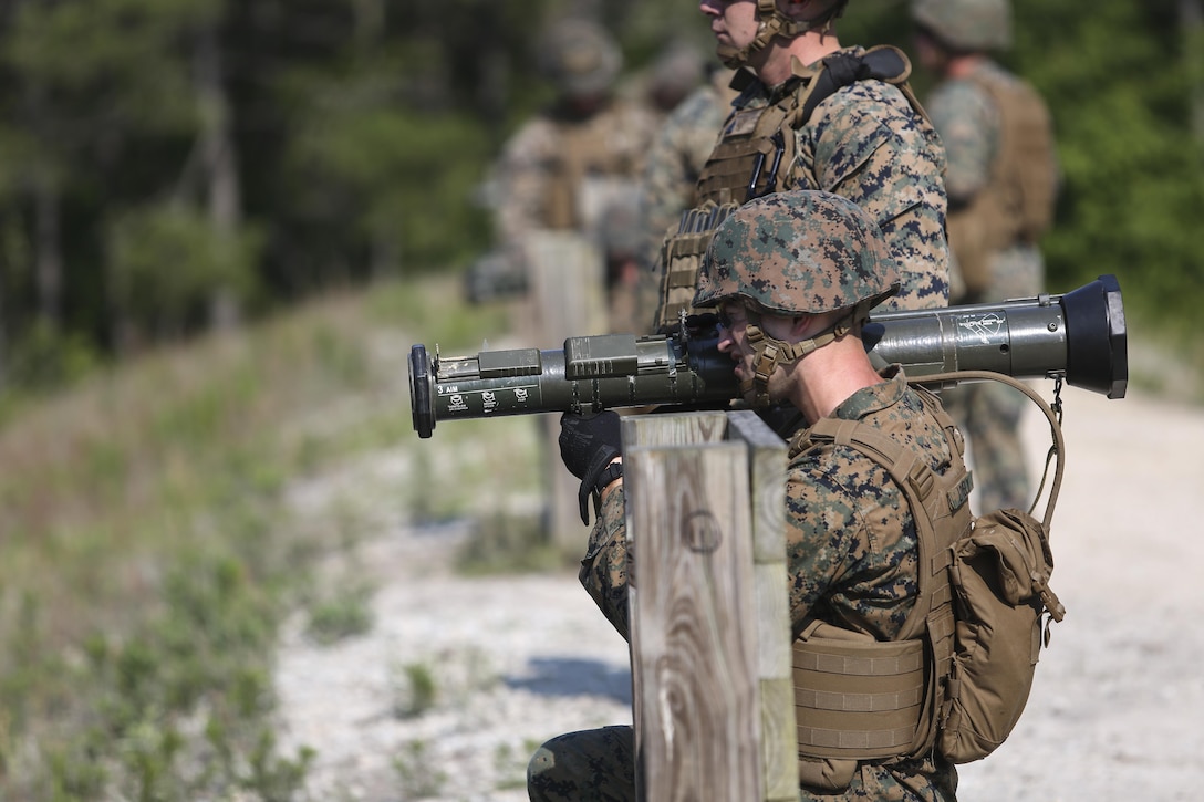 Marines with Bravo Company, 2nd Law Enforcement Battalion prepare to fire tracer rounds from AT-4 rocket launchers at Marine Corps Base, Camp Lejeune, N.C. June 3, 2016. The unit took to the firing line to broaden their mission capabilities and prepare for real world scenarios. 