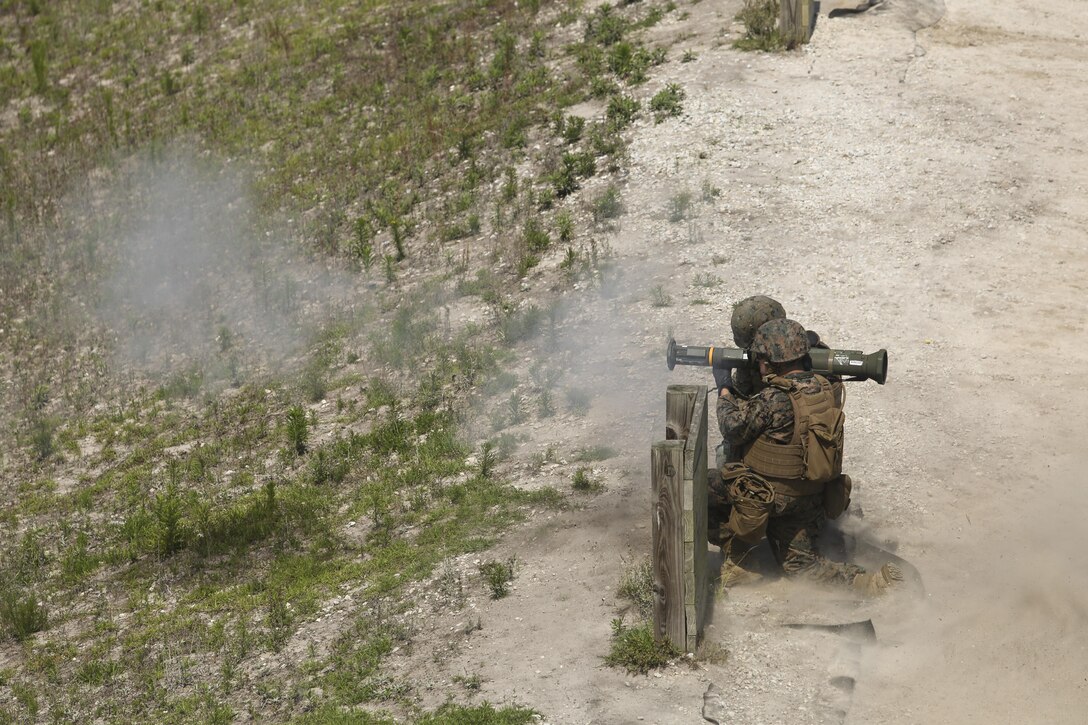 Marines with Bravo Company, 2nd Law Enforcement Battalion prepare to fire tracer rounds from AT-4 rocket launchers at Marine Corps Base, Camp Lejeune, N.C. June 3, 2016. The unit took to the firing line to broaden their mission capabilities and prepare for real world scenarios. 