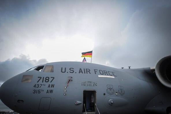 The C-17 Globemaster III dubbed “The Spirit of Berlin” towers over various aircraft during the 2016 Berlin Air Show, Germany. The aircraft arrived in Berlin from Joint Base Charleston and entertained thousands of individuals with its superior technology and mobility airlift capabilities.  (U.S. Air Force photo by Senior Airman Tom Brading)