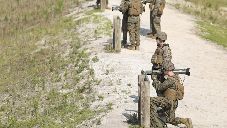 Marines with Bravo Company, 2nd Law Enforcement Battalion prepare to fire tracer rounds from AT-4 rocket launchers at Marine Corps Base, Camp Lejeune, N.C. June 3, 2016. The unit took to the firing line to broaden their mission capabilities and prepare for real world scenarios. 