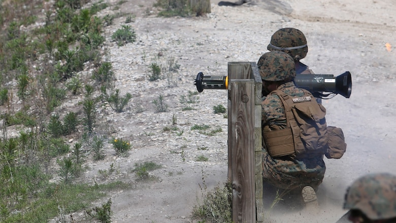 Marines with Bravo Company, 2nd Law Enforcement Battalion prepare to fire tracer rounds from AT-4 rocket launchers at Marine Corps Base, Camp Lejeune, N.C. June 3, 2016. The unit took to the firing line to broaden their mission capabilities and prepare for real world scenarios. 