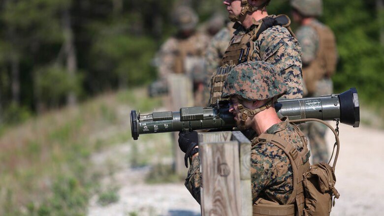 Marines with Bravo Company, 2nd Law Enforcement Battalion prepare to fire tracer rounds from AT-4 rocket launchers at Marine Corps Base, Camp Lejeune, N.C. June 3, 2016. The unit took to the firing line to broaden their mission capabilities and prepare for real world scenarios. 