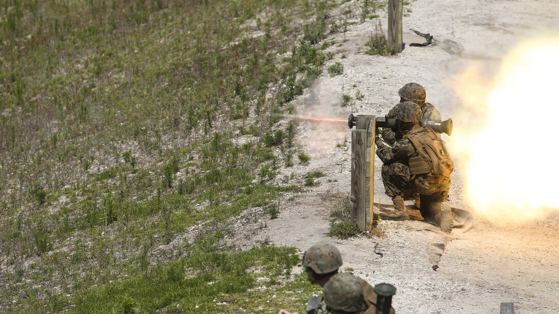 Marines with Bravo Company, 2nd Law Enforcement Battalion prepare to fire tracer rounds from AT-4 rocket launchers at Marine Corps Base, Camp Lejeune, N.C. June 3, 2016. The unit took to the firing line to broaden their mission capabilities and prepare for real world scenarios. 