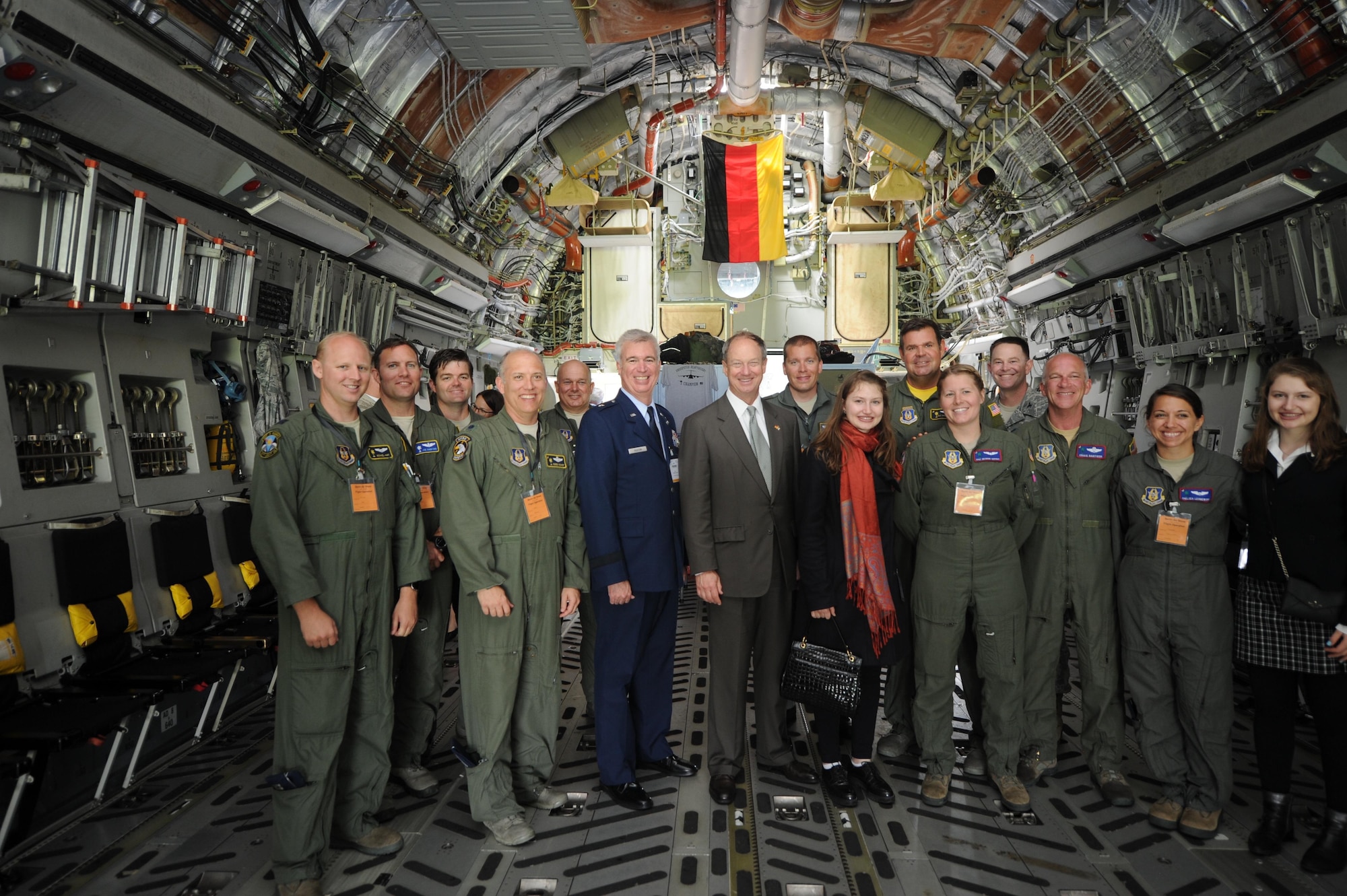 (Center) John B. Emerson, United States Ambassador to Germany, along with Brig. Gen. “Randy” Huston, mobilization assistant to the vice commander, Third Air Force and 17th Expeditionary Air Force, Ramstein Air Base, Germany, and the ambassador’s daughters are welcomed abroad the C-17 Globemaster III entitled “The Spirit of Berlin” June 1, 2016, during the 2016 Berlin Air Show. Emerson was confirmed by the United States Senate on Aug.1, 2013 as U.S. Ambassador to the Federal Republic of Germany and presented his credentials to German President Joachim Gauck on Aug. 26, 2013.  (U.S. Air Force photo by Senior Airman Tom Brading)