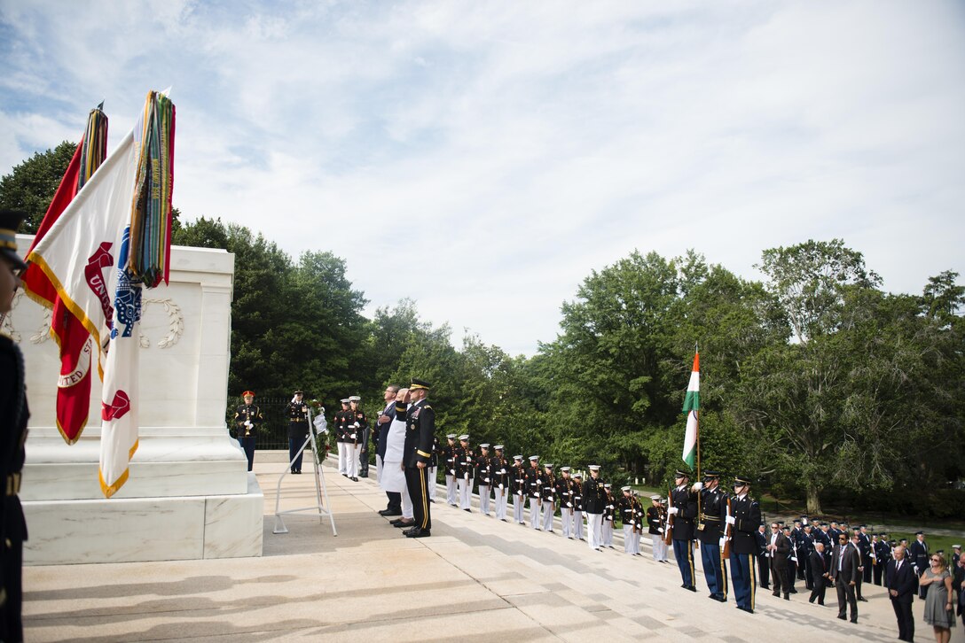 Defense Secretary Ash Carter, left, Indian Prime Minister Narendra Modi and Army Maj. Gen. Bradley A. Becker stand before the Tomb of the Unknown Soldier during a wreath-laying ceremony at Arlington National Cemetery, Va., June 6, 2016. Army photo by Rachel Larue